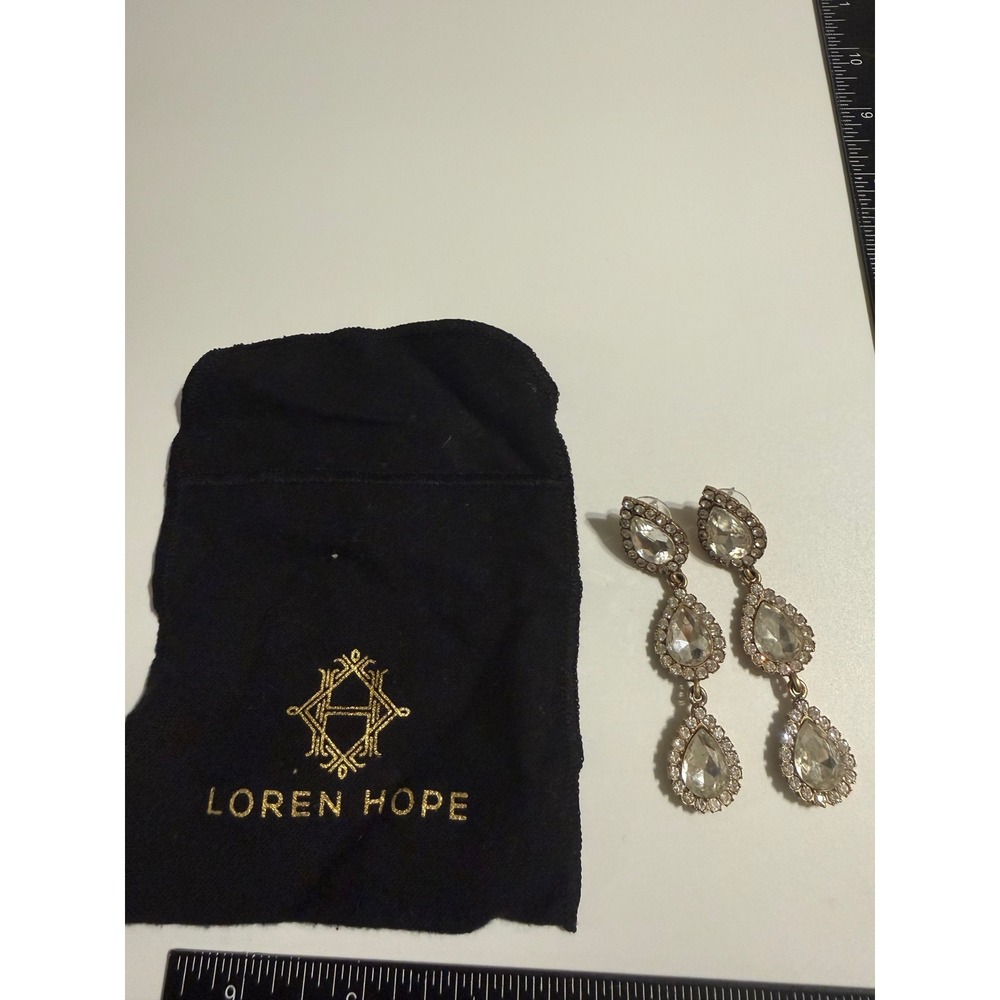 Loren Hope Crystal Triple Drop Earrings Gold Tone Pear Cut Statement Dangle